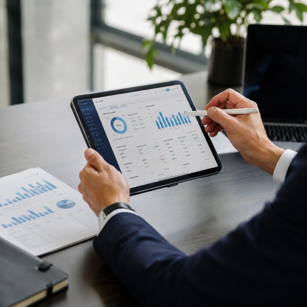 Profesional revisando métricas y seguimiento en tiempo real en tablet